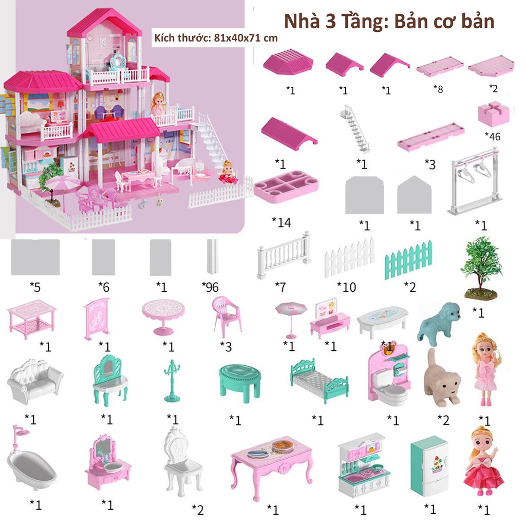 Mô hình nhà búp bê cỡ lớn cho bé - Tặng kèm Barbie. Biệt Thự 3 tầng