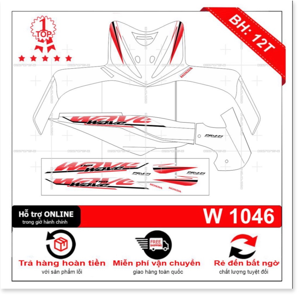 ( Quí khách vui lòng mang ra tiệm cho thợ dán ) Tem wave S 110 trắng đỏ