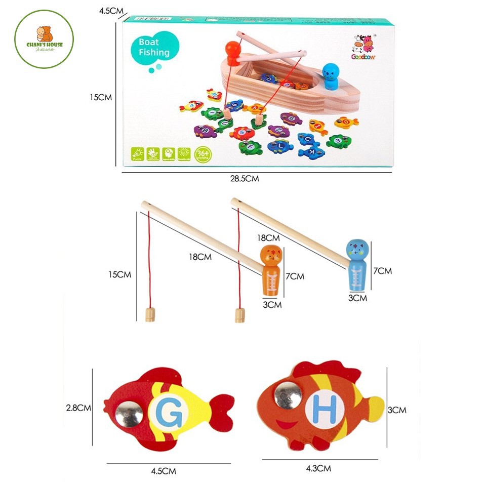 ĐỒ CHƠI MÈO NGỒI THUYỀN CÂU CÁ BẰNG GỖ KẾT HỢP HỌC BẢNG CHỮ CÁI, SỐ VÀ PHÉP TÍNH CỰC HỮU ÍCH CHO BÉ