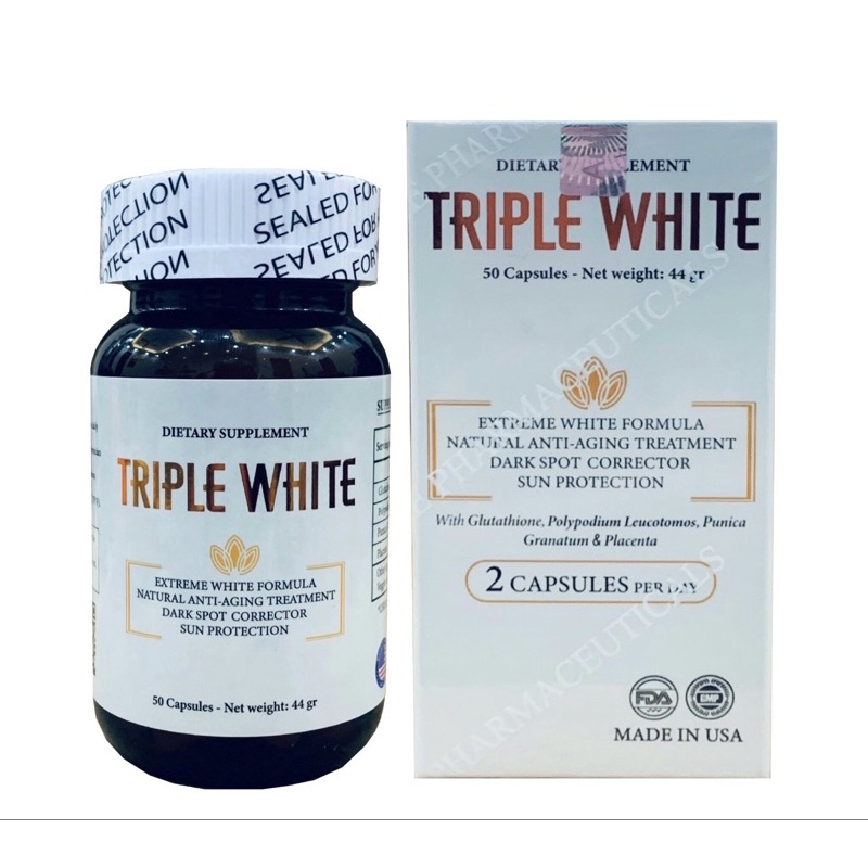 [Nhập khẩu] Viên uống trắng da chống nắng Triple White Glutathione Leucotomos và nhau thai cừu - Hộp 50 viên