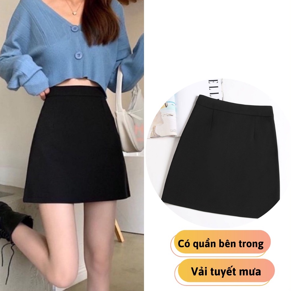 Chân váy chữ A ngắn công sở lưng cao chất vải tuyết mưa mềm có quần trong Chân váy Đen xếp ly ôm eo phối áo sơ mi đẹp
