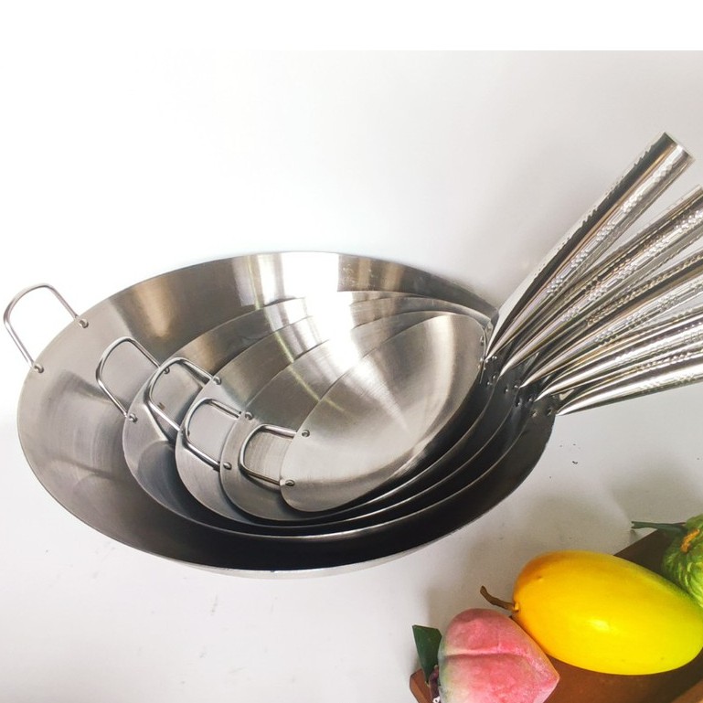 Chảo Thép Chống dính tay Cầm Inox Loại Màu Trắng Size 45cm ( dùng cho nhà hàng ) tặng chổi chùi chảo