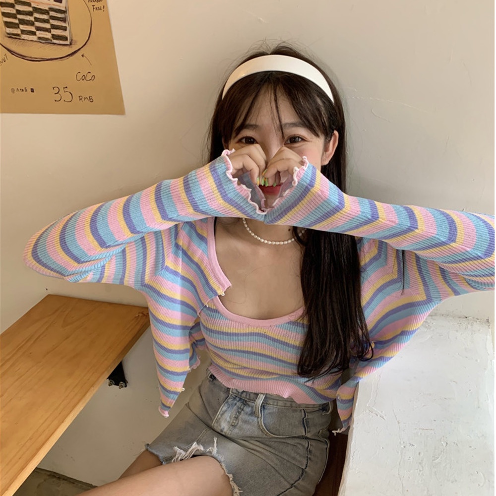 Set Áo Khoác Cardigan Tay Dài + Áo Hai Dây Dệt Kim Thời Trang