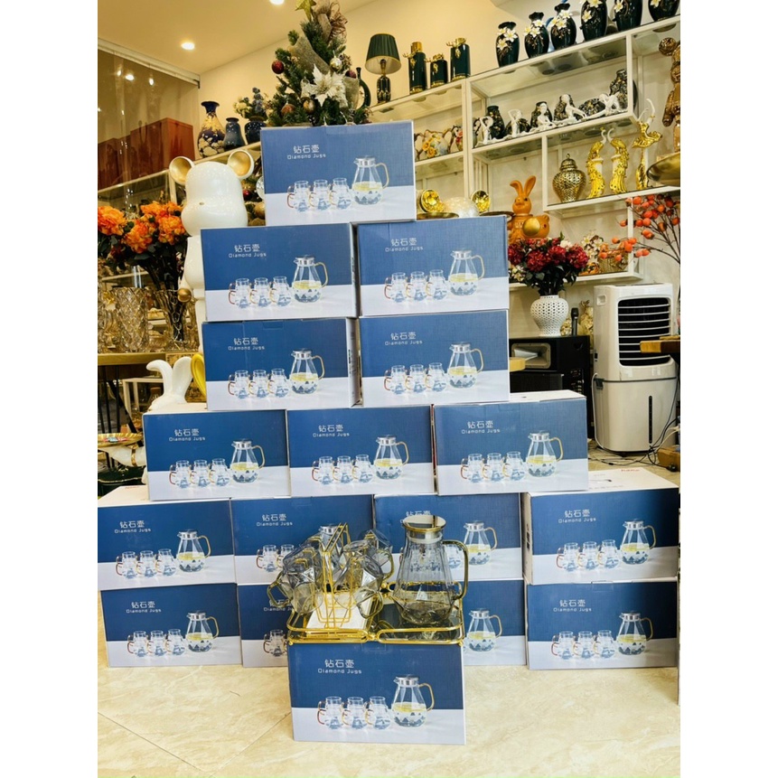 [HÀNG CAO CẤP]Bộ bình 6 Cốc-Ly Thủy Tinh Luxury Crystal Diamond Tráng Bạc Chịu Nhiệt 400 Độ C