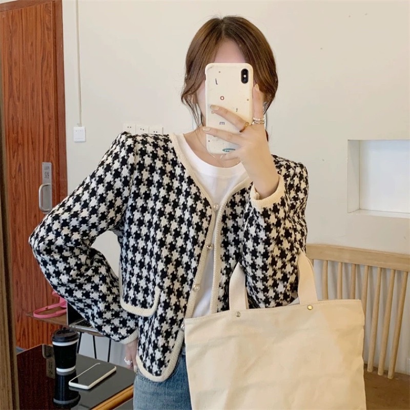 Áo Khoác Dạ Tweed Mỏng Caro Viền Đính Cúc Sang Trọng Áo Khoác Nữ Thời Trang Thanh Lịch