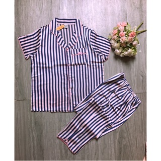 BỘ LỤA KẺ SATIN ÁO CỘC QUẦN DÀI