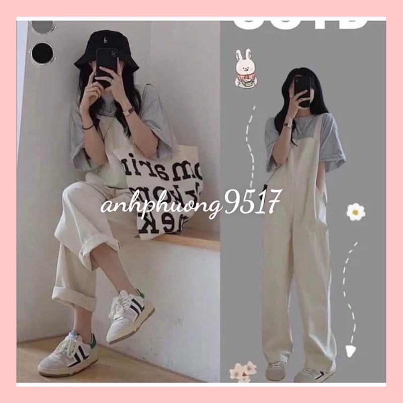 Sét Quần yếm kaki kèm áo thun nữFREESHIP  Bộ đồ culottes phông form rộng tay lỡ bánh bèo cá tính năng động đẹp Ulzzang