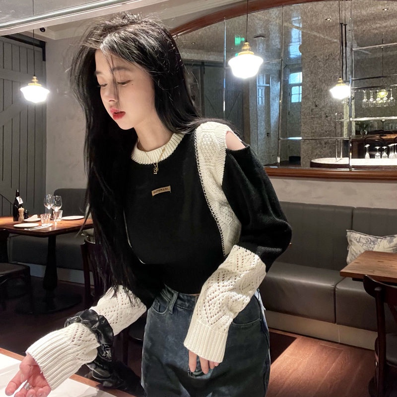 Áo Sweater Trễ Vai Phối Màu Trắng Đen Thời Trang 2022 Cho Nữ