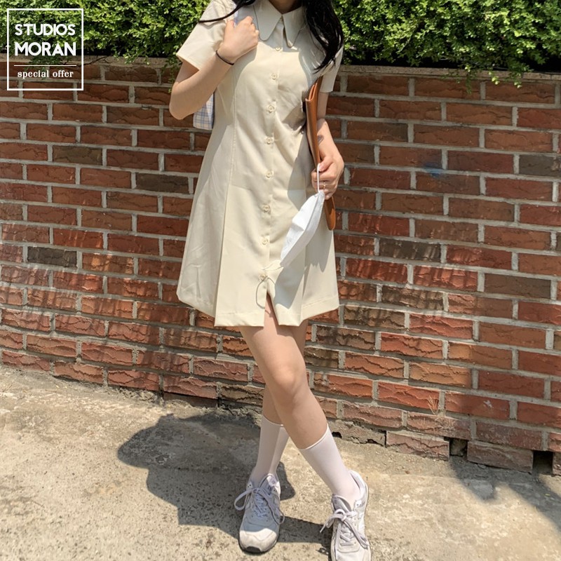 (ORDER) Váy sơ mi MORAN cổ bẻ POLO cài khuy dáng xòe ngắn A-line gấp nếp xếp ly style Hàn Quốc (NEW_HOT)