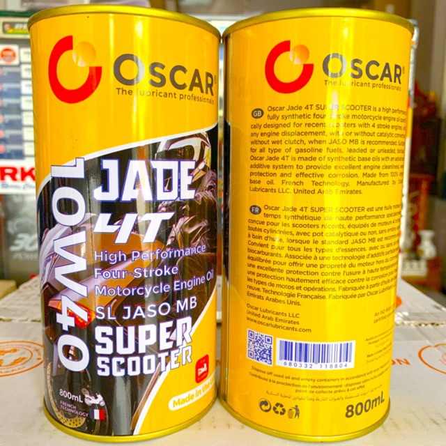 Nhớt Tổng Hợp Cao Cấp Xe Tay Ga Oscar Jade 4T Super Scooter 10W-40 Fully Synthetic Api SL Jaso MB Lon 800ML