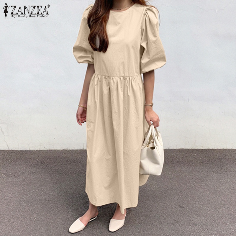 Đầm Zanzea tay phồng cổ tròn nút cài sau lưng thời trang cho nữ