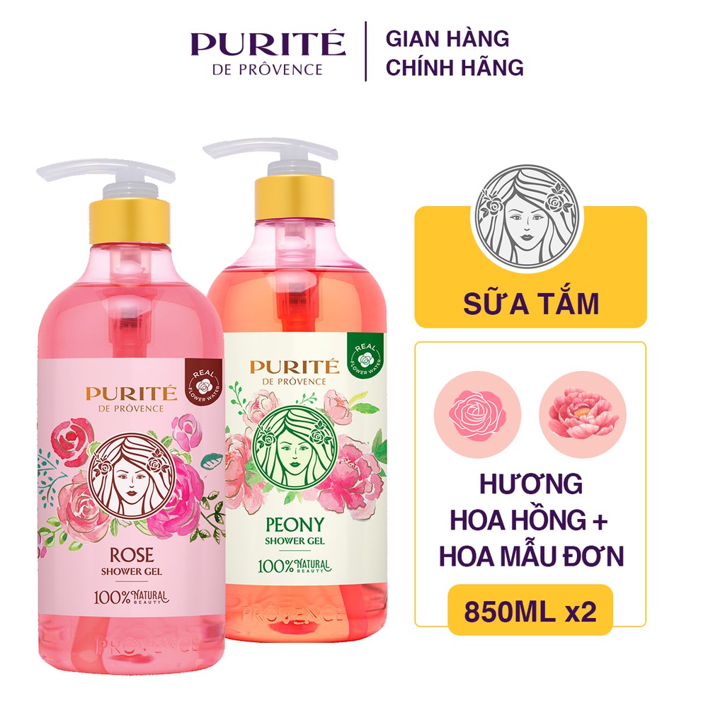 Combo 2 Sữa Tắm Purité Mềm Mịn Hoa Hồng 850ml + Sữa tắm Purité thư giãn hoa mẫu đơn 850ml | BigBuy360 - bigbuy360.vn