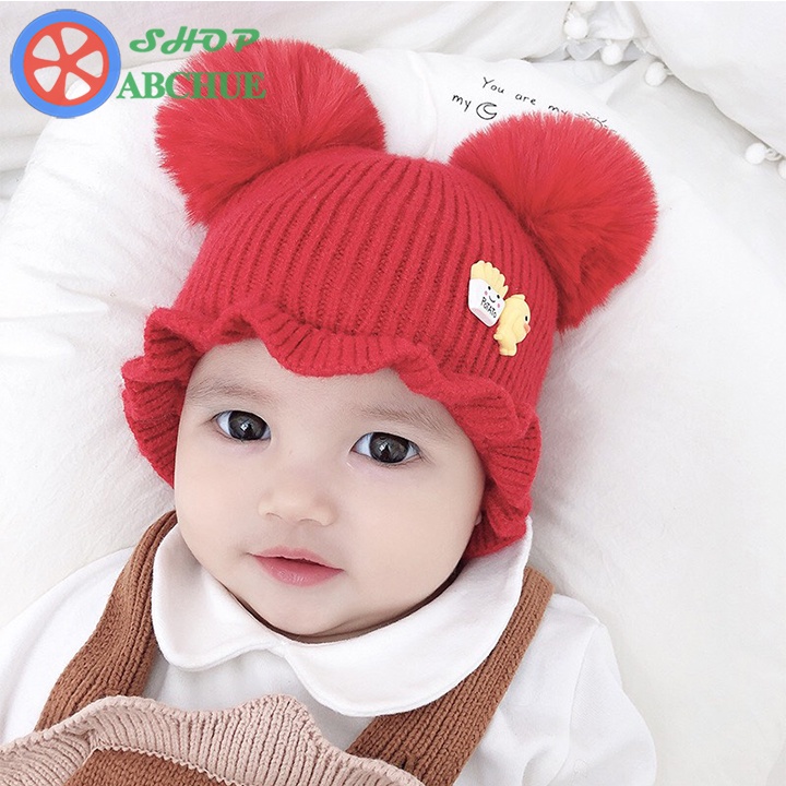Mũ len cho bé phối bóng lông kèm lót mũ mềm mịn phong cách Hàn Quốc