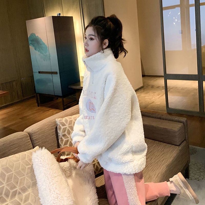Áo Sweater cổ cao dáng rộng lót nhung dày dặn giữ ấm thời trang thu đông cho nữ