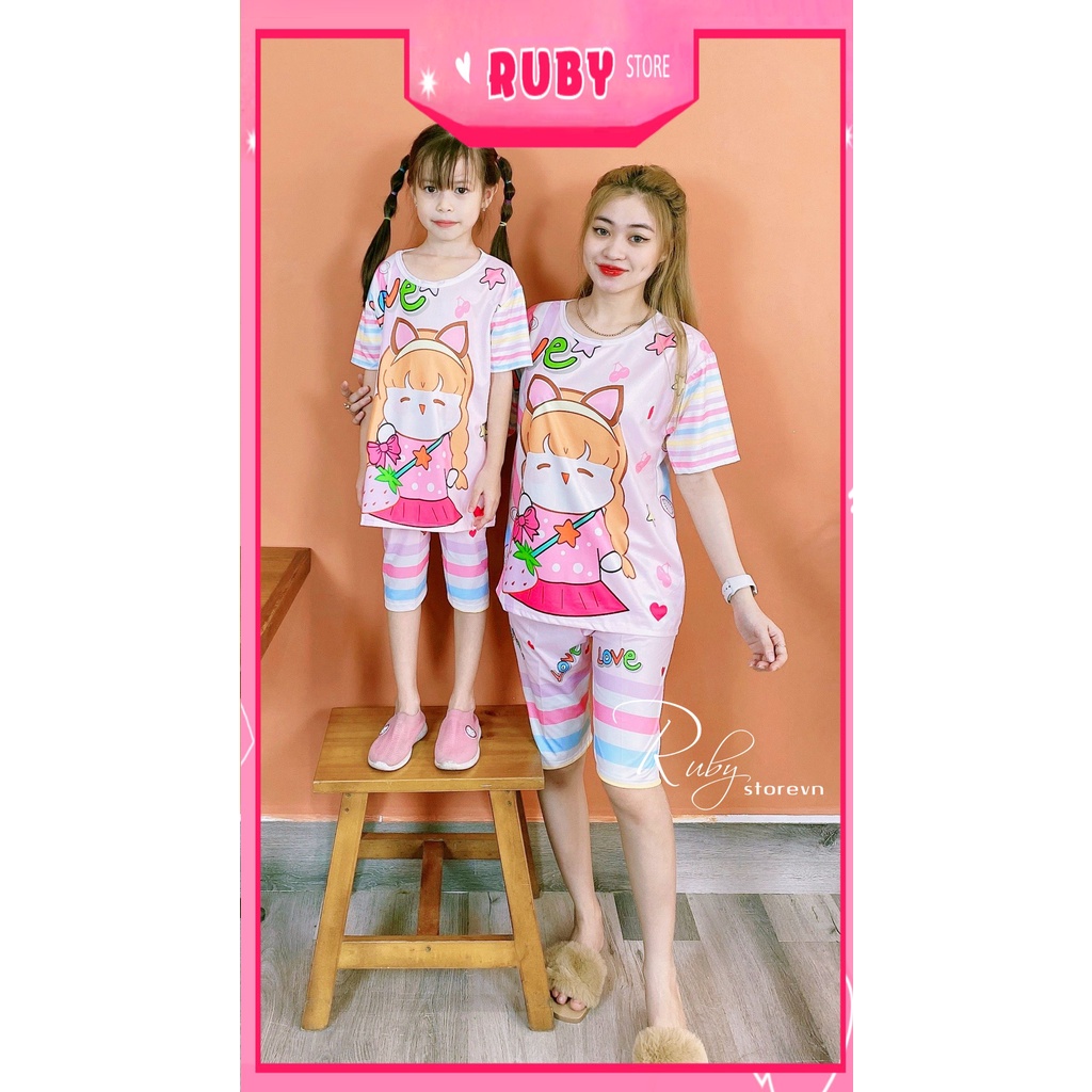 Đồ bộ thun quần LỬNG mẹ và bé mặc nhà (5kg - 70kg) chất thun mềm mát in hình doremon sọc dễ thương DBRBL FULL SIZE