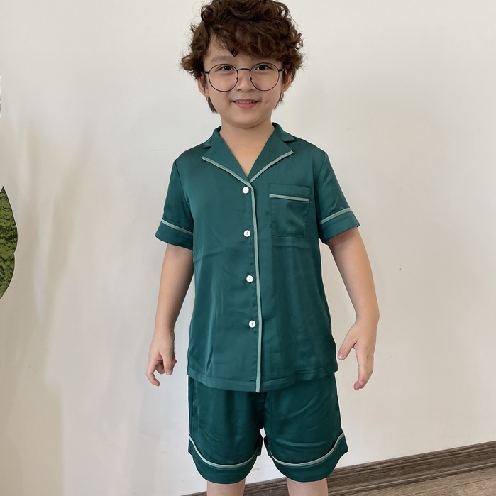 Set ngủ pijama lụa cộc tay bé trai 137KIDS thiết kế cao cấp viền kẻ sang chảnh