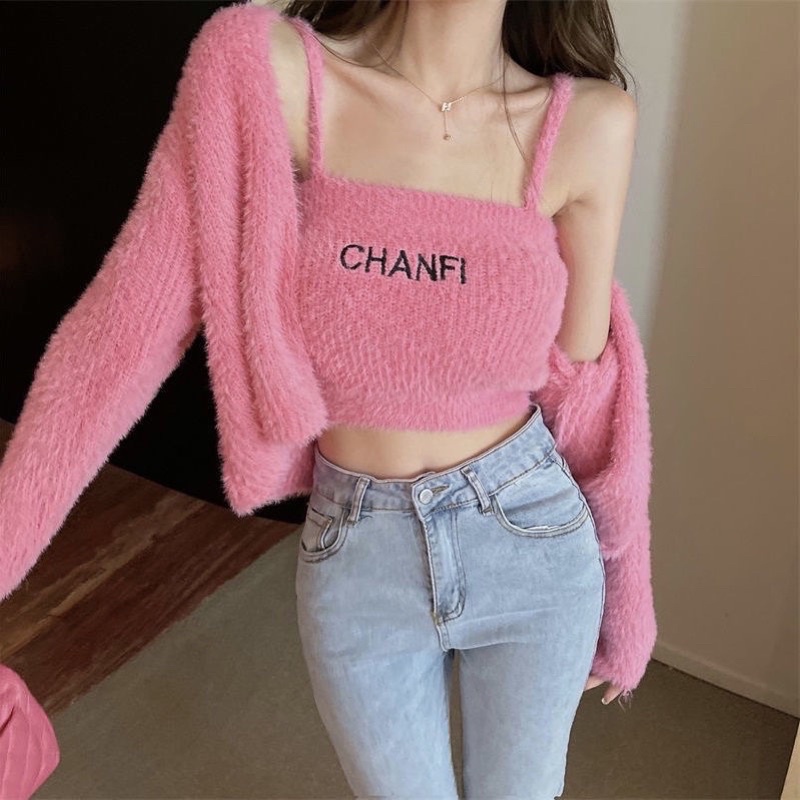 Set áo croptop + áo khoác lông cha.nel