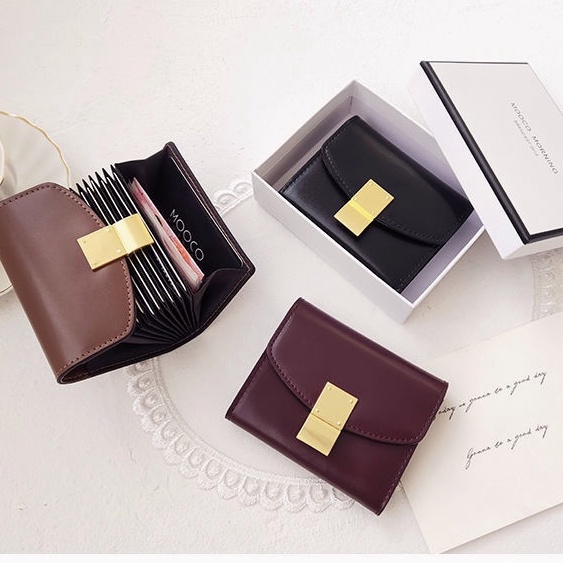 Ví card da cao cấp ví nữ nhiều ngăn mini ví gập thời trang 9 khe cắm thẻ + 2 khe ID