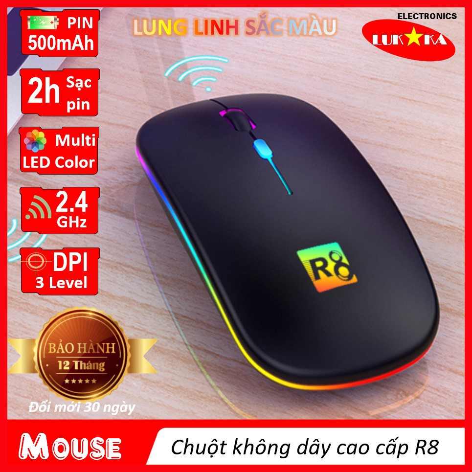 Chuột không dây 2.4G Wireless R8 Pin sạc LED viền đa sắc màu, Dòng sản phẩm cao cấp được BH 6 THÁNG