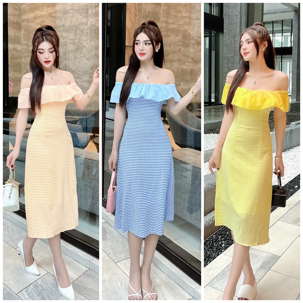 Đầm Caro Bẹt Vai 3 Màu