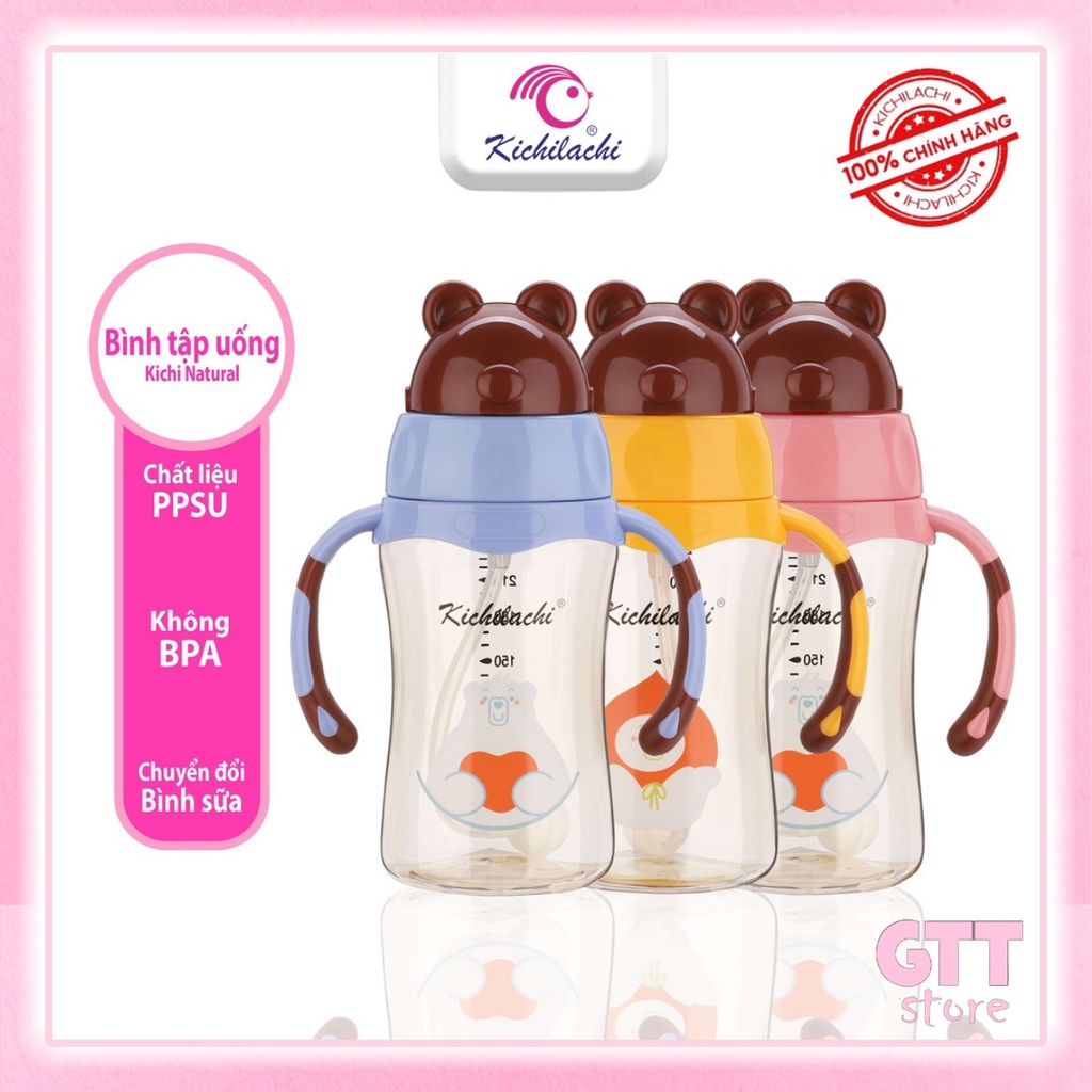 Bình tập uống nước hình gấu cho bé Kichilachi Tritan 240ml có vòi hút và núm ty cho bé từ 6 tháng trở lên gtt store