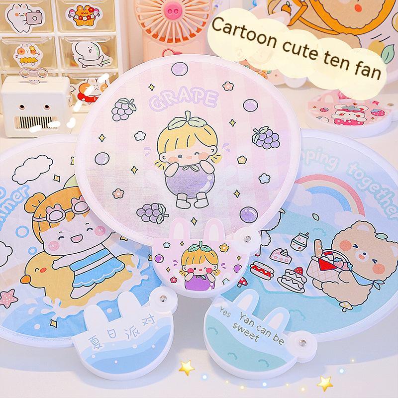 Quạt Gấp Cầm Tay Hình Tròn Họa Tiết Hoạt Hình Phong Cách Mới Cho Học Sinh