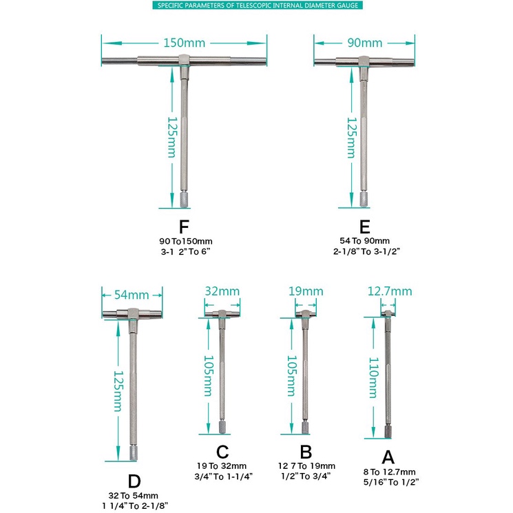 Bộ 6 Đồng Hồ Đo Lỗ Bên Trong 8-150mm