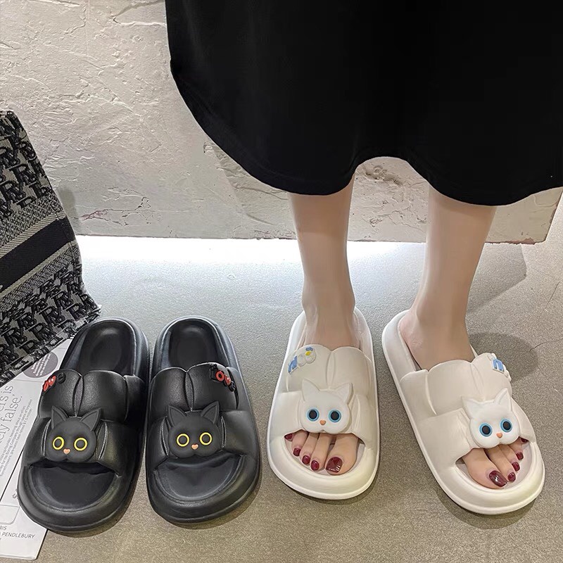 Dép quai ngang hình mèo dễ thương 2 màu đen trắng hottrend 2022