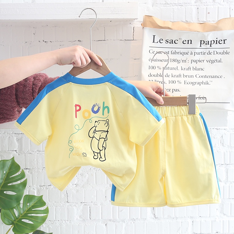 Bộ Đồ Thể Thao Ngắn Tay Chất Liệu Cotton Họa Tiết Gấu Pooh Hoạt Hình Size 80-120cm