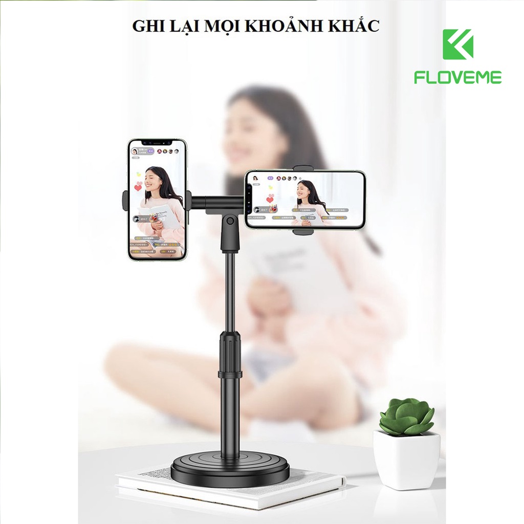 Đèn livestream Floveme 3in1 để bàn Đỡ Được 2 - 3 Điện Thoại Hỗ Trợ Chụp Ảnh Make Up, Quay Tiktok Có Đèn Led 3 màu