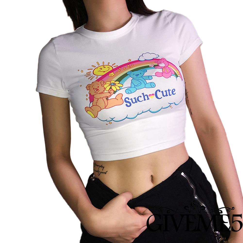 Áo Croptop Tay Ngắn Cổ Tròn In Hình Gấu Hoạt Hình Đáng Yêu Cho Nữ
