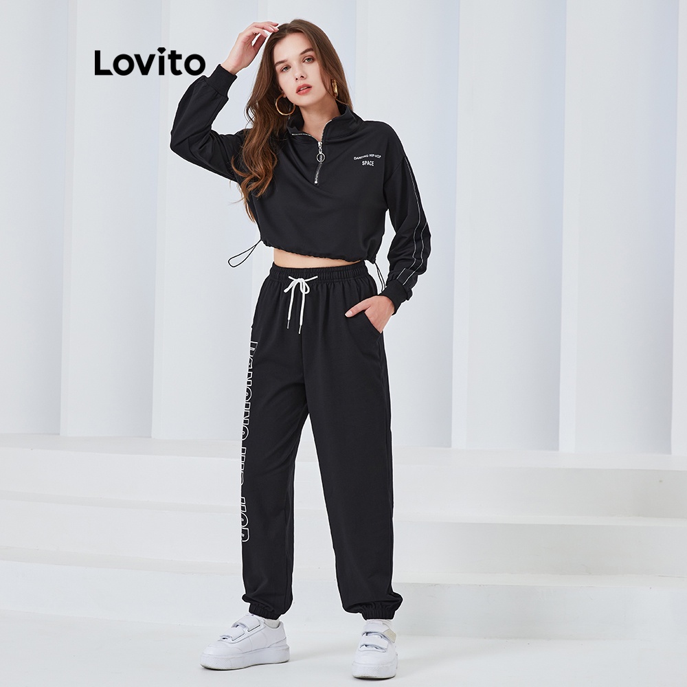 Áo sweatshirt thể thao Lovito dáng rộng dây rút có khoá kéo in họa tiết chữ L04072 (màu đen) | BigBuy360 - bigbuy360.vn