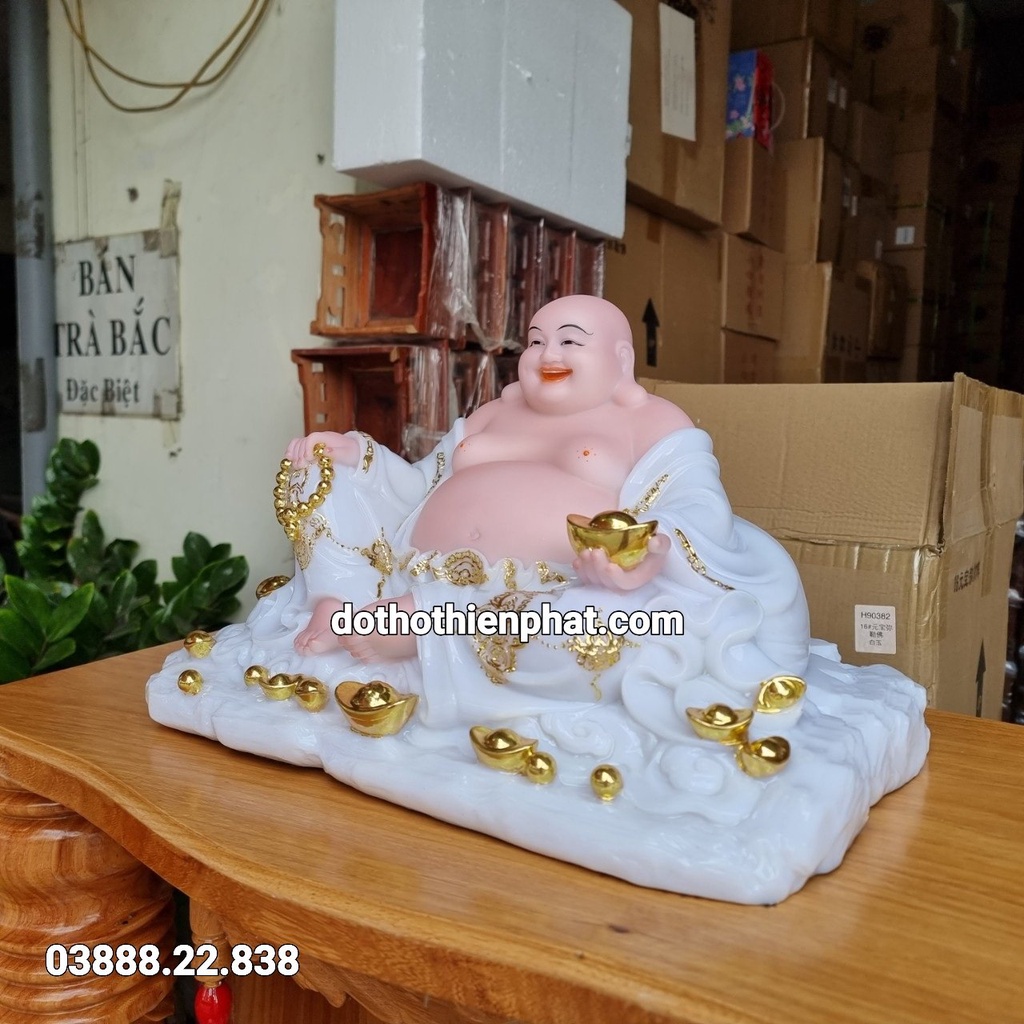 Tượng phật di lặc đá 12in ngang 33cm màu trắng mẫu mới