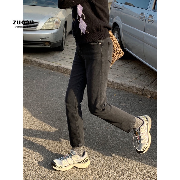 SUXI Quần jean dài lưng cao ống rộng màu đen phong cách Hàn Quốc trẻ trung hợp thời trang