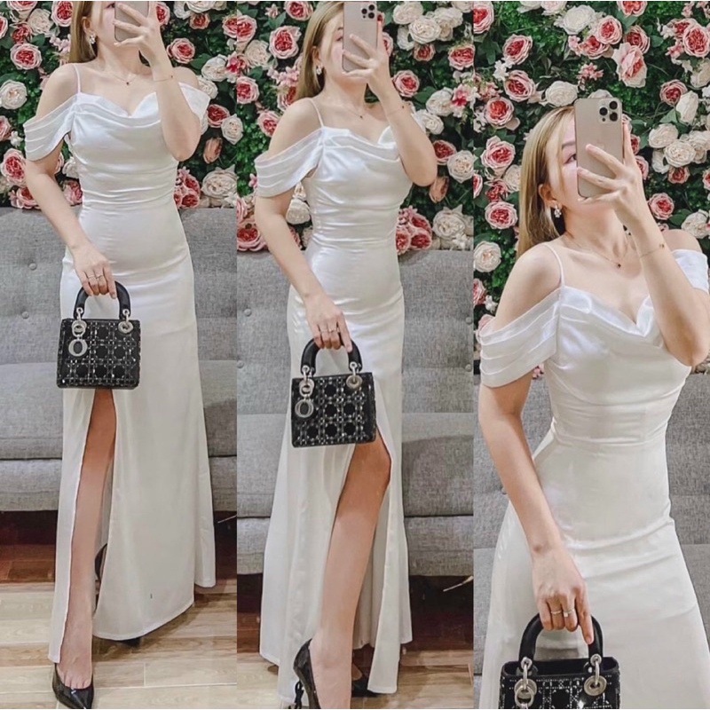 ĐẦM MAXI CỔ ĐỔ RỚT VAI XẺ ĐÙI FULL SIZE S/M/L/XL
