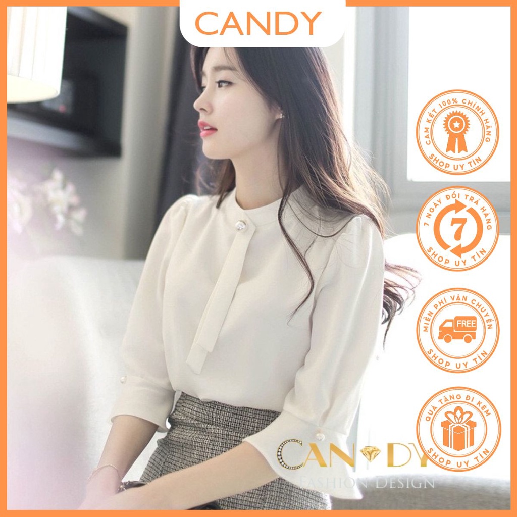 Áo sơ mi trắng nữ kiểu công sở tay lỡ đính ngọc chất lụa cao cấp SM44 Candy Fashion