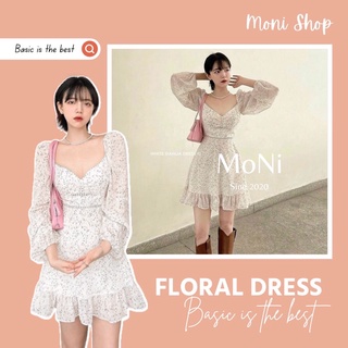 Đầm hoa nhí tay dài vintage tay phồng viền ren dáng ngắn xòe hoa xanh