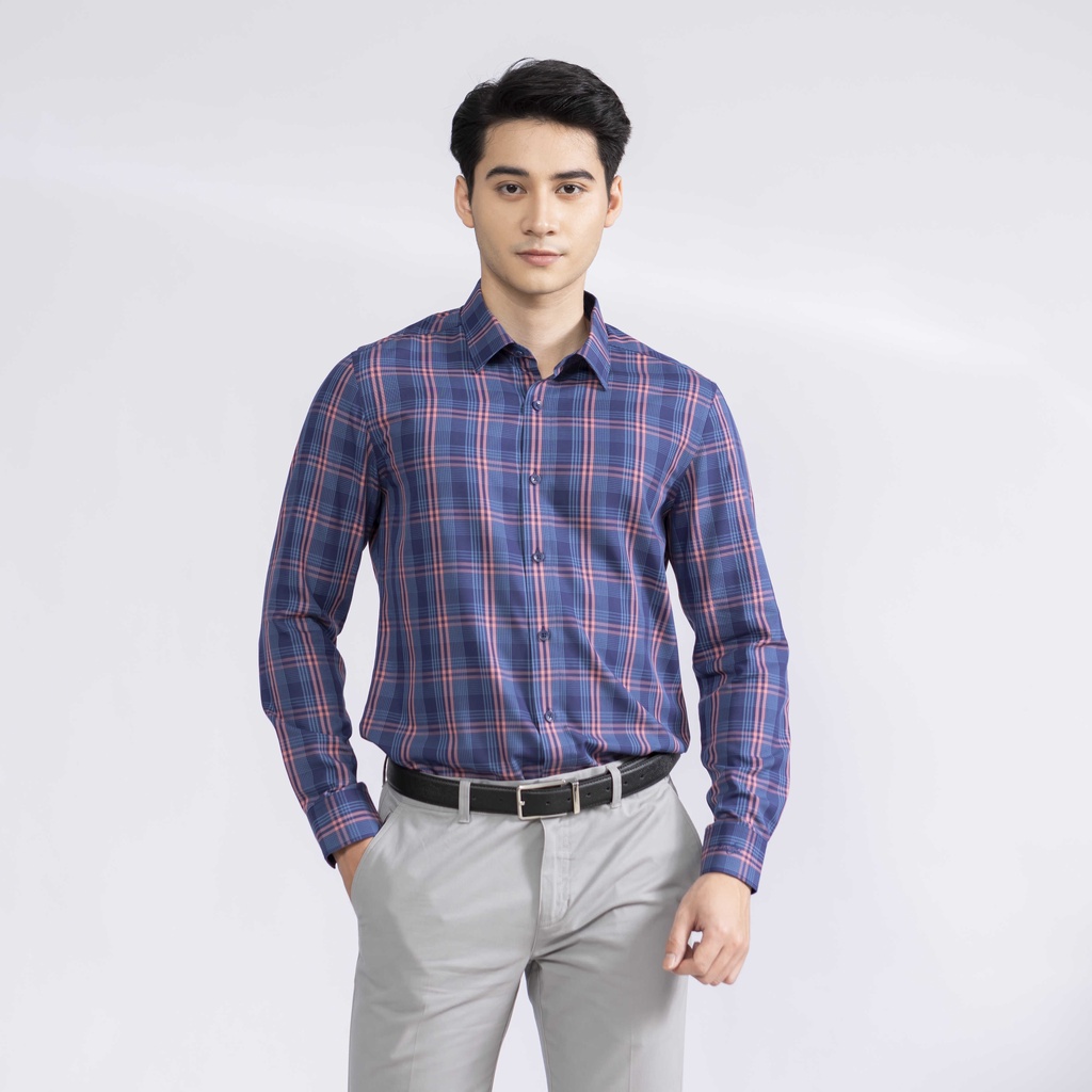 Áo sơ mi dài tay nam Aristino phom slim fit, thiết kế tà lượn, họa tiết kẻ cam nổi bật - ALS19402