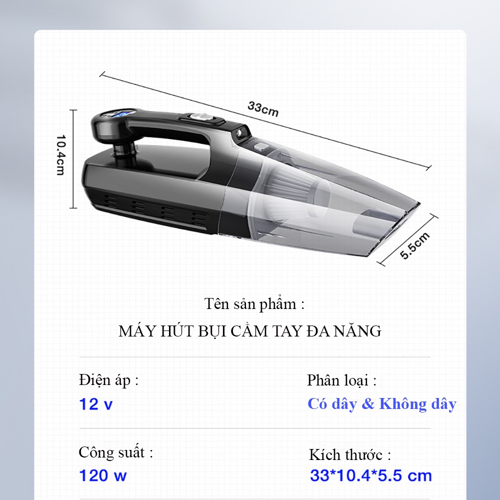 Máy hút bụi ô tô đa năng 4 trong 1 hút bụi bơm lớp đo áp suất lốp, máy hút bụi gia đình, hút bụi cầm tay. Bảo hành 2 năm