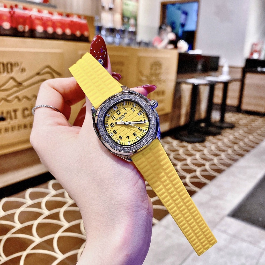 Đồng hồ nữ Patek Phillip 34mm máy Swissquartz, viền đá loại 1, dây silicone cao cấp, kim phủ dạ quang