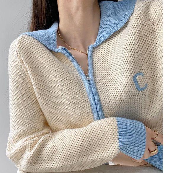 Áo Khoác Cardigan Dệt Kim Màu Sắc Tương Phản Phong Cách Retro Cho Nữ