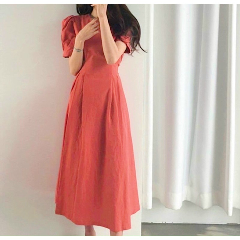 Đầm váy midi cổ tròn thắt nơ 4 màu