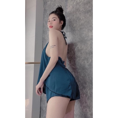 Đồ Ngủ Sexy- Yếm Ngủ Thêu Hạc chất satin Form 40-55kg( ảnh và video thật)
