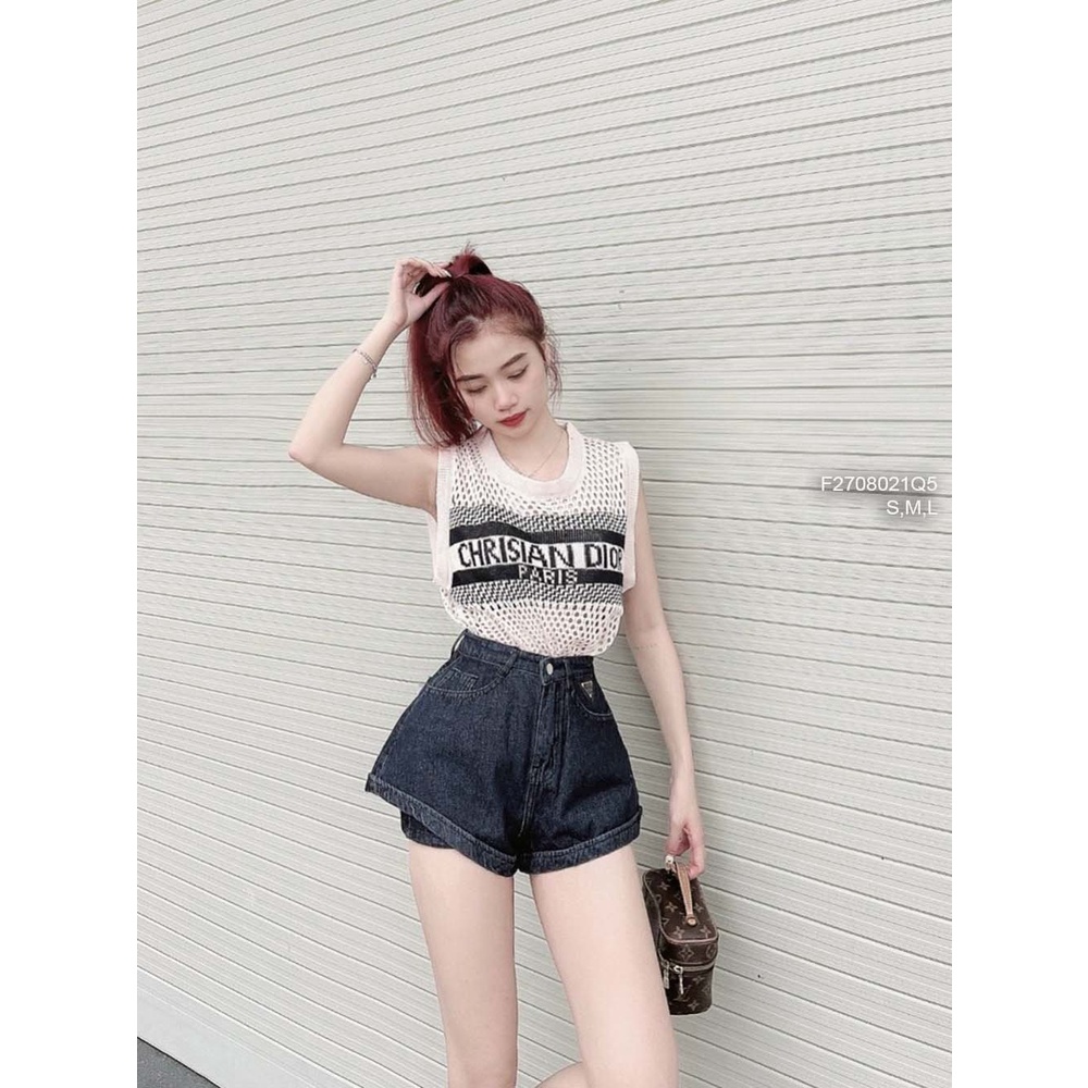 Quần short jean kiểu lưng cao gắn mác pradav hàng đẹp!