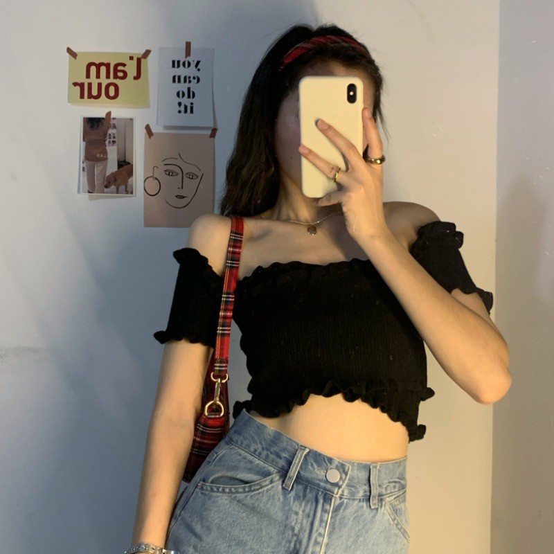 Cocory vn Áo Croptop Tay Ngắn Thiết Kế Trễ Vai Quyến Rũ