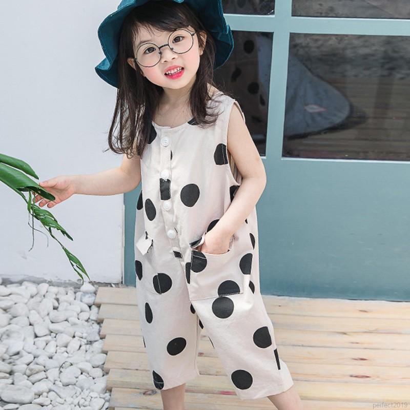 Áo liền quần cho bé gái không tay họa tiết chấm bi dễ thương phong cách Hàn Quốc cho bé gái