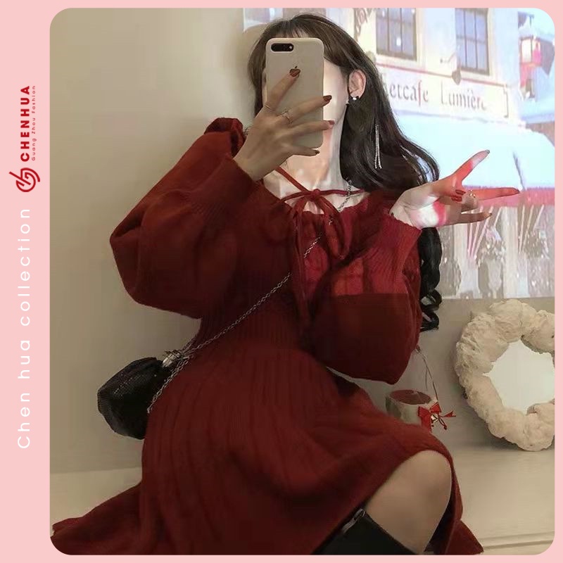 Váy len trễ vai ulzzang hàn quốc đẹp cao cấp ChenHua VT20