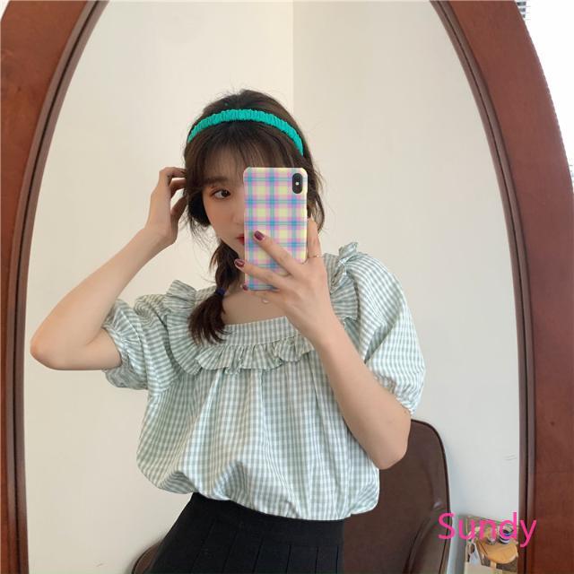 Áo sơ mi tay ngắn rộng rãi cổ vuông kẻ sọc phong cách Hàn Quốc thời trang mùa hè cho nữ