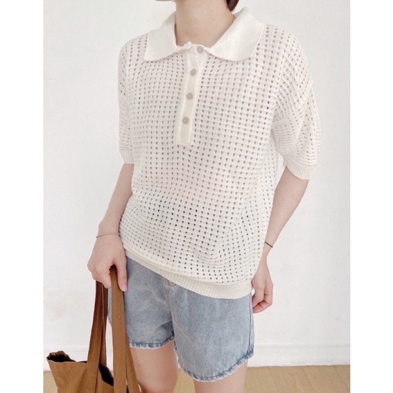 Áo polo lưới dệt basic 2 màu( be,trăng ) - Ảnh thật Bisou | BigBuy360 - bigbuy360.vn