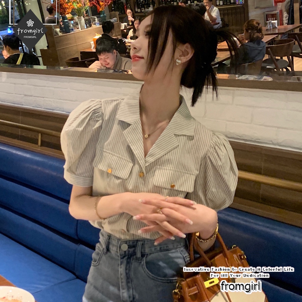 Áo Sơ Mi Kẻ Sọc Tay Ngắn Phồng Phong Cách Pháp Thời Trang Mùa Xuân Dành Cho Nữ 2022